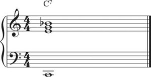 acorde de séptima dominante C7 Do mi sol si bemol tónica en clave de fa tercera quinta y septima en clave de sol