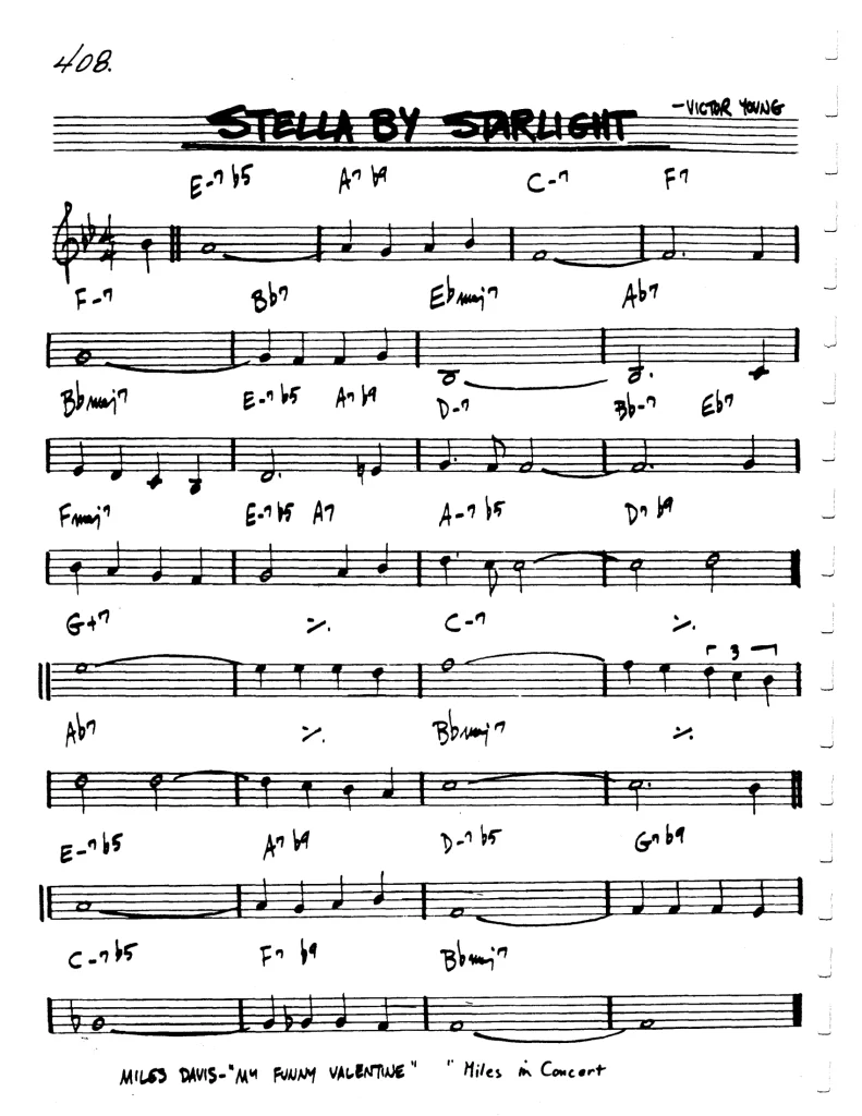 Stella by starlight la partitura es un tema clásico estandar del jazz compuesto por Victor Young muy interesante por la constante aparición de progresiones de Acordes de 2-5-1 tanto mayores como menores.