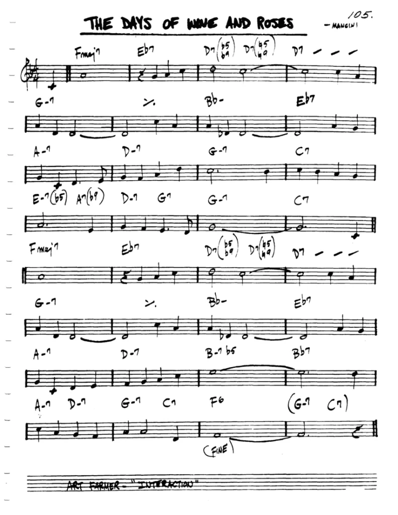 Days of wine and roses esta partitura es un estandar de jazz compuesto por el afamado compositor Henry Mancini, conocido por la creación de la canción de la Pantera Rosa