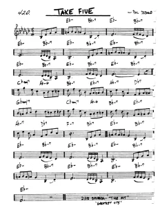Take five partitura de estándar de jazz escrita en Eb menor de Paul Desmond escrita en 5/4 o 5 negras por compas. Aprende piano en Lecciones de Piano