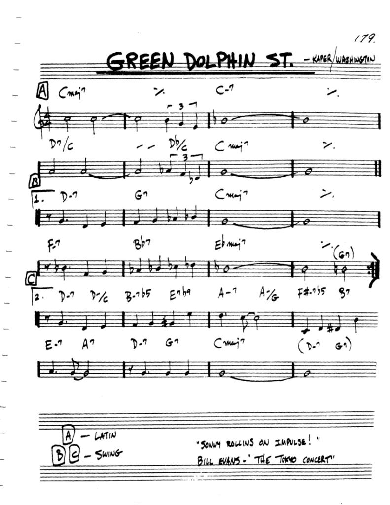 green dolphin street partitura en Do mayor de estándar de jazz que conbina ritmo latino y swing en cada sección de esta imágen